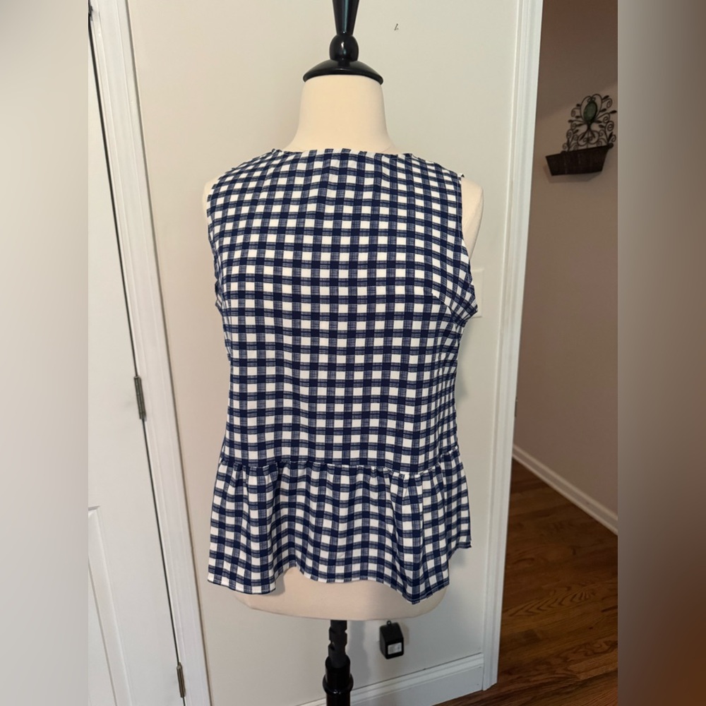 Navy and white gingham peplum style blouse